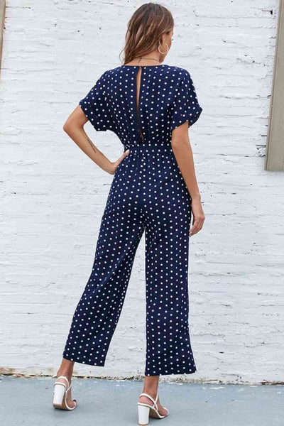 Explore More Collection - Polka Dot Round Neck Cutout Jumpsuit