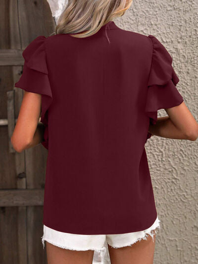 Explore More Collection - Ruffled Notched Short Sleeve Blouse