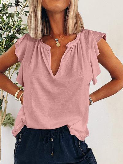 Explore More Collection - Ruffled Notched Cap Sleeve T-Shirt