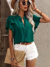 Explore More Collection - Ruffled Notched Short Sleeve Blouse