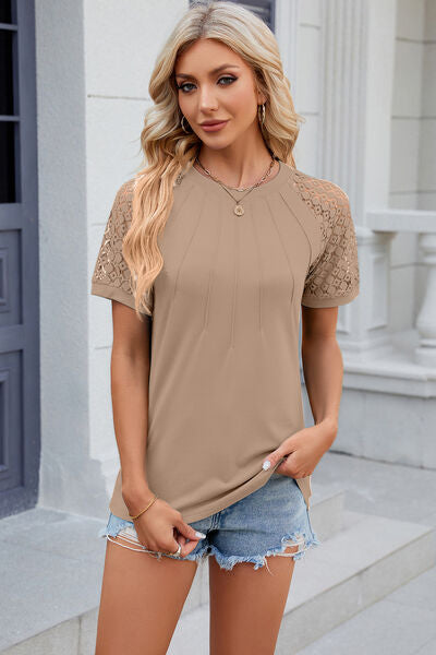 Explore More Collection - Openwork Round Neck Short Sleeve T-Shirt