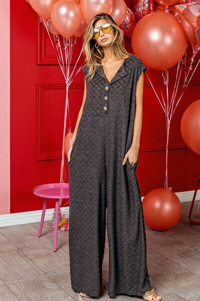 Explore More Collection - BiBi Checkered Cap Sleeve Wide Leg Jumpsuit with Pockets