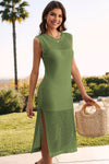 Explore More Collection - Slit Round Neck Sleeveless Sweater Dress