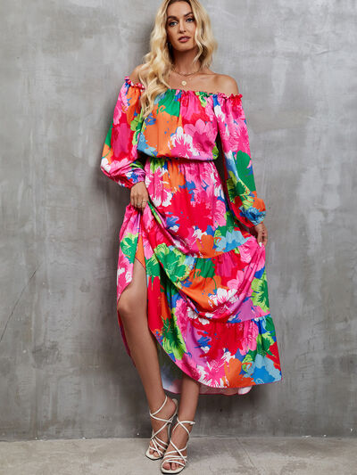 Explore More Collection - Printed Off-Shoulder Balloon Sleeve Tiered Dress