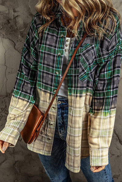 Explore More Collection - Contrast Plaid Button Up Long Sleeve Shacket
