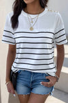 Explore More Collection - Decorative Button Striped Short Sleeve T-Shirt