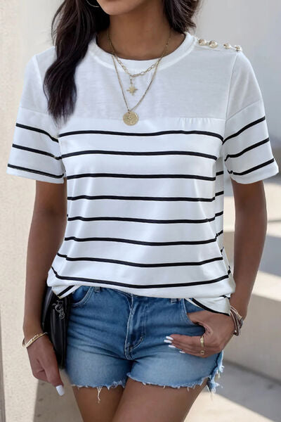 Explore More Collection - Decorative Button Striped Short Sleeve T-Shirt