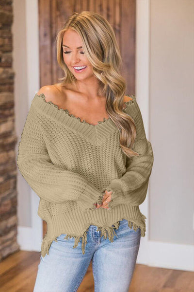 Explore More Collection - Frayed Hem Dropped Shoulder Sweater