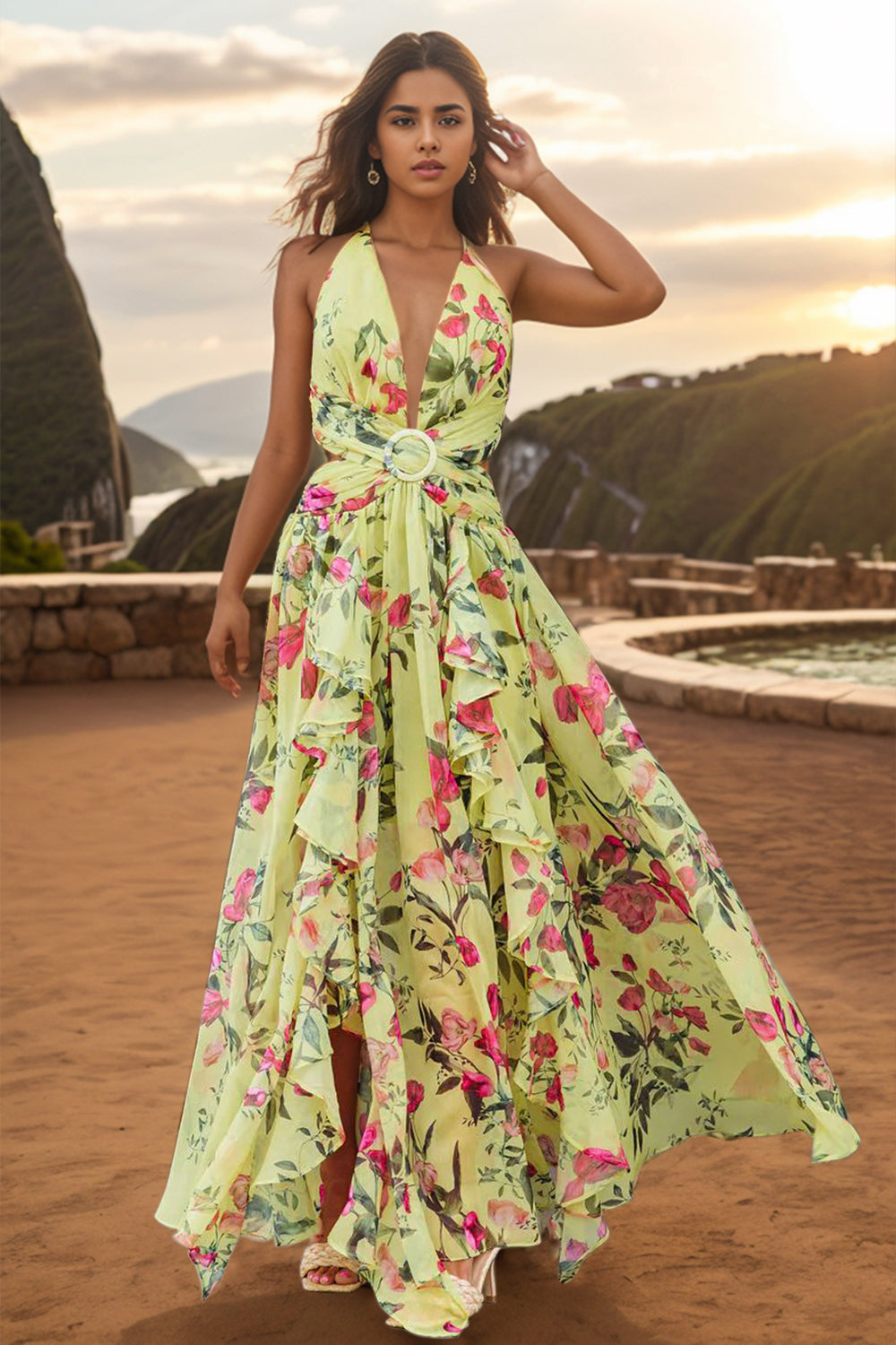 Explore More Collection - Backless Printed Plunge Sleeveless Dress