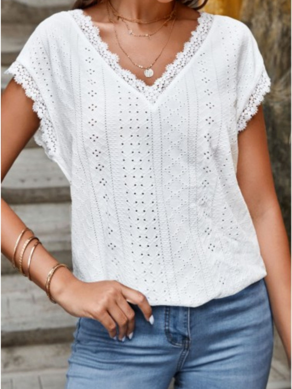 Explore More Collection - Eyelet V-Neck Cap Sleeve Blouse