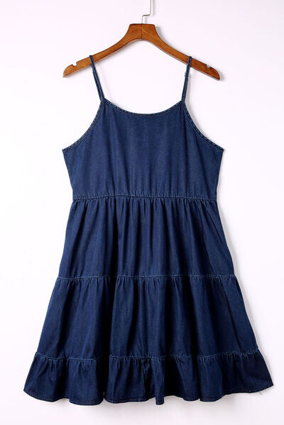 Explore More Collection - Spaghetti Strap Tiered Denim Dress