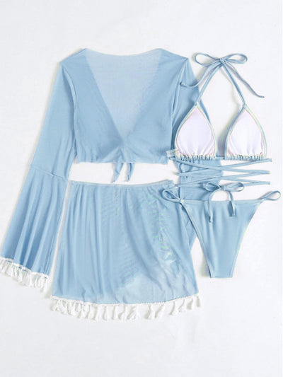 Explore More  Collection - Halter Neck Bra, Bottom, Tassel Flare Sleeve Cover-Up and Skirt Four-Piece Swim Set