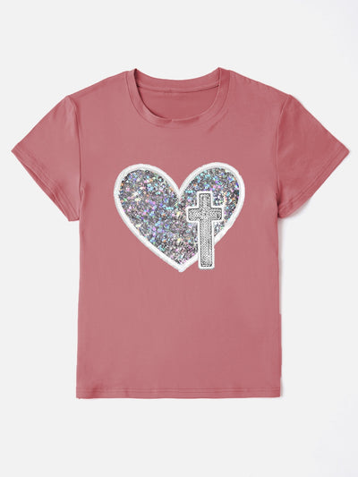 Explore More Collection - Sequin Heart Round Neck Short Sleeve T-Shirt