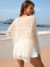 Explore More Collection - Openwork Slit Boat Neck Long Sleeve Cover-Up