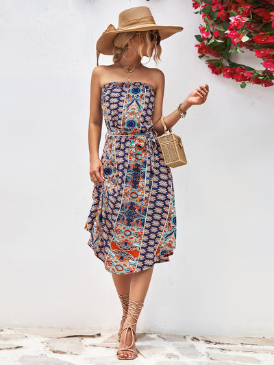 Explore More Collection - Printed Strapless Tie Belt Dress