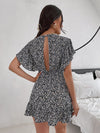 Explore More Collection - Cutout Ditsy Floral Surplice Flounce Sleeve Dress