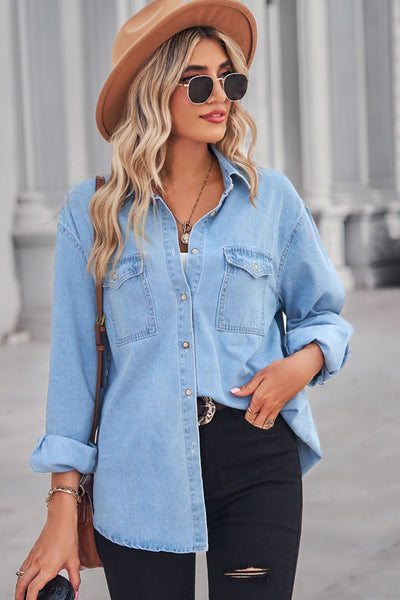 Explore More Collection - Collared Neck Dropped Shoulder Denim Top