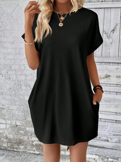 Explore More Collection - Pocketed Round Neck Short Sleeve Dress