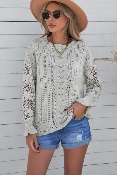 Explore More Collection - Openwork Lantern Sleeve Dropped Shoulder Sweater