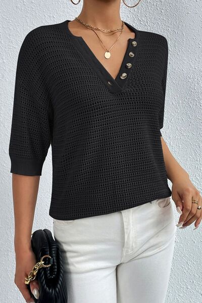 Explore More Collection - Openwork Half Button Dropped Shoulder Knit Top