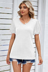 Explore More Collection - Heathered V-Neck Balloon Sleeve T-Shirt