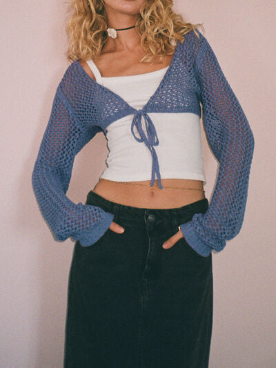 Explore More Collection - Openwork Tied Dropped Shoulder Cardigan