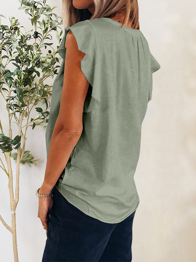 Explore More Collection - Ruffled Notched Cap Sleeve T-Shirt