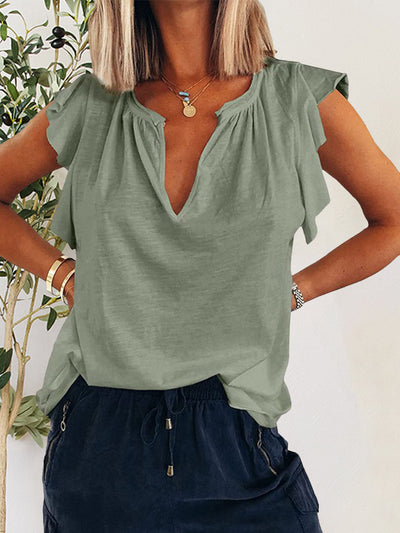 Explore More Collection - Ruffled Notched Cap Sleeve T-Shirt