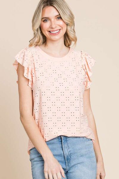 Explore More Collection - Culture Code Eyelet Round Neck Ruffled Cap Sleeve Top