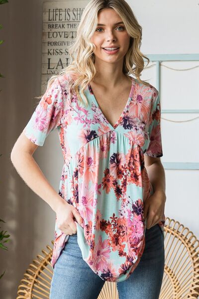 Explore More Collection - Heimish Full Size Floral V-Neck Short Sleeve Babydoll Blouse