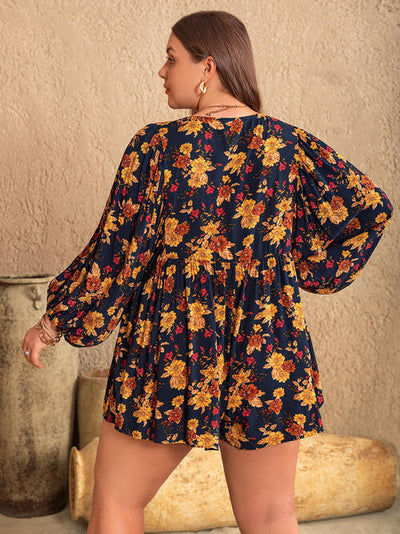 Explore More Collection - Plus Size Floral Tie Neck Balloon Sleeve Romper