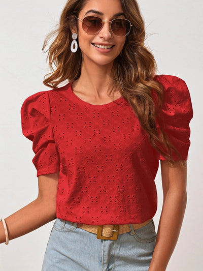 Explore More Collection - Eyelet Round Neck Puff Sleeve Blouse