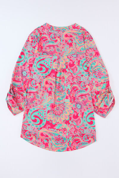 Explore More Collection - Plus Size Printed Notched Long Sleeve Blouse