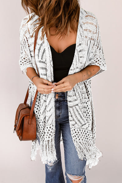 Explore More Collection - Openwork Open Front Cardigan with Fringes