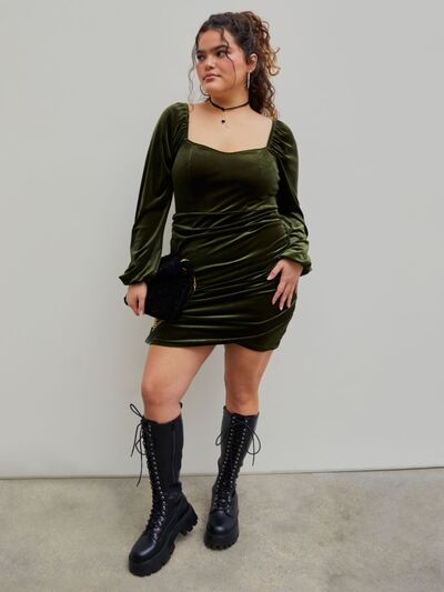 Explore More Collection - Plus Size Ruched Square Neck Balloon Sleeve Wrap Dress