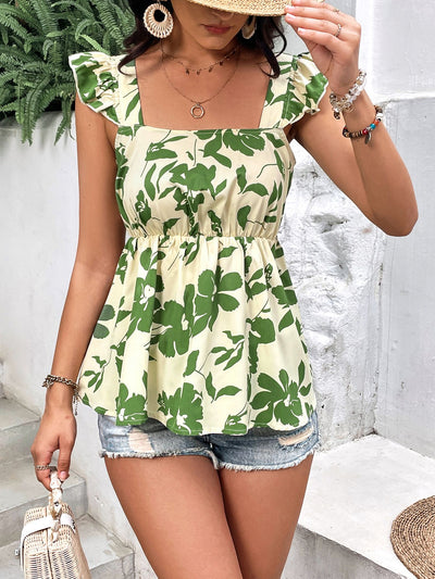 Explore More Collection - Tied Cutout Square Neck Butterfly Sleeve Babydoll Blouse