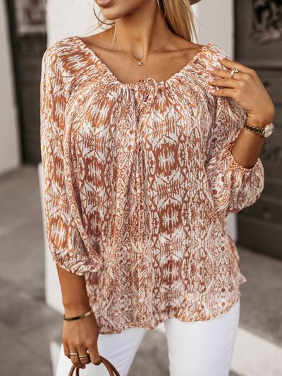 Explore More Collection - Printed Boat Neck Balloon Sleeve Blouse