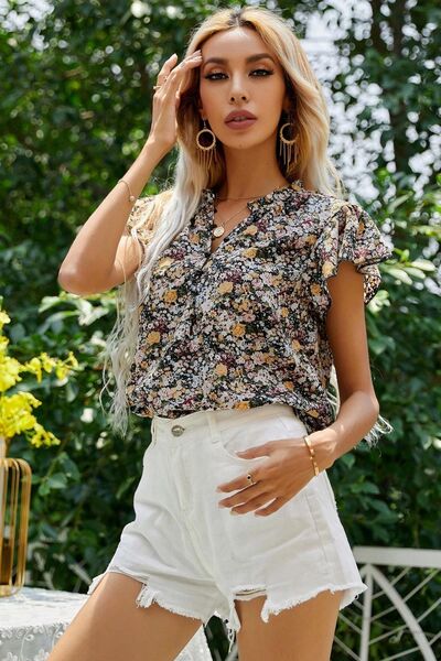 Explore More Collection - Floral Notched Flutter Sleeve T-Shirt