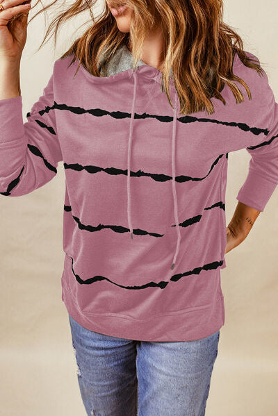 Explore More Collection - Drawstring Striped Dropped Shoulder Hoodie