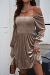 Explore More Collection - Off-Shoulder Smocked Ruffle Hem Dress