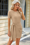 Explore More Collection - Ruched Tied Round Neck Mini Dress