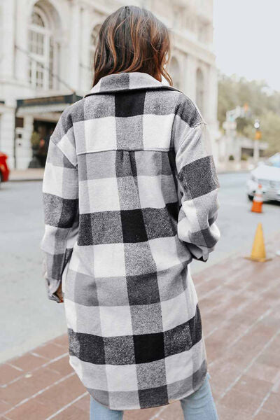 Explore More Collection - Plaid Button Up Dropped Shoulder Coat