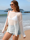 Explore More Collection - Openwork Slit Boat Neck Long Sleeve Cover-Up