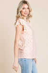 Explore More Collection - Culture Code Eyelet Round Neck Ruffled Cap Sleeve Top