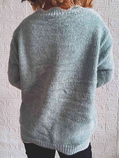 Explore More Collection - Notched Dropped Shoulder Long Sleeve Sweater