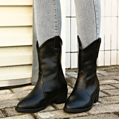 Explore More Collection - PU Leather Block Heel Boots