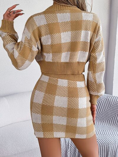 Explore More Collection - Plaid Round Neck Top and Skirt Sweater Set