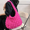 Explore More Collection - Quilted Pleated Plaid Shoulder Bag with Zipper