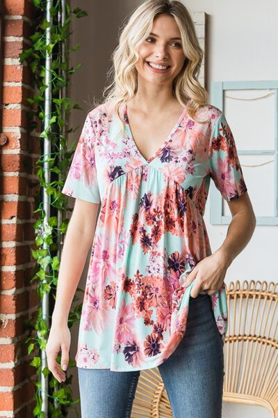 Explore More Collection - Heimish Full Size Floral V-Neck Short Sleeve Babydoll Blouse