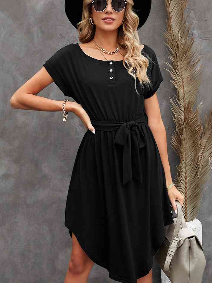 Explore More Collection - Tie-Waist Quarter Button Curved Hem Dress